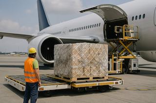Cargo being loaded onto aircraft at freight terminal