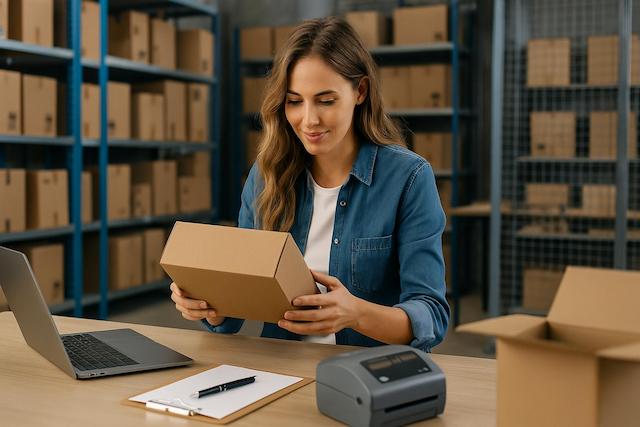 E-commerce fulfilment specialist packing online order in warehouse with shipping label printer and laptop