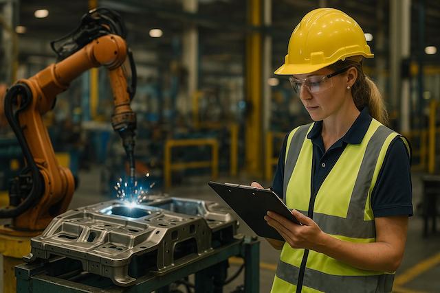 Manufacturing engineer inspecting robotic welding process on production line in Australian factory
