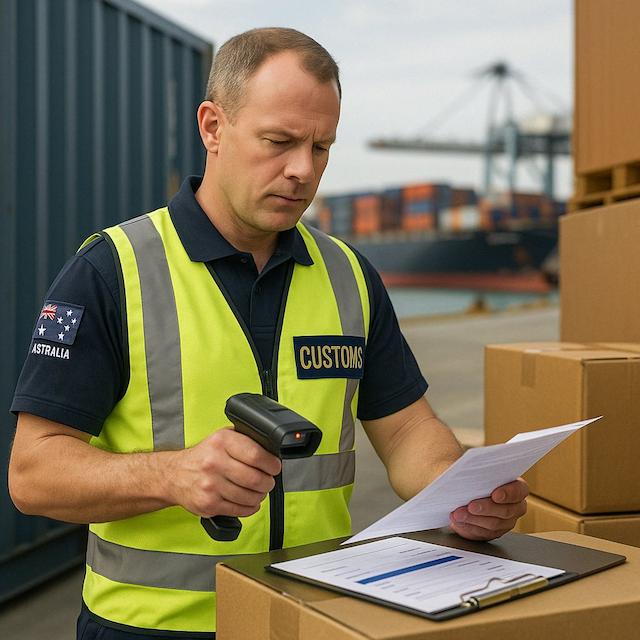 Australian customs officer inspecting international freight at a shipping port, ensuring regulatory compliance and smooth customs clearance for import and export logistics.