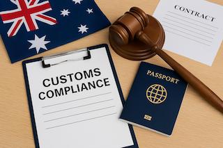 Australian customs compliance concept with legal documents, passport, gavel, and national flag