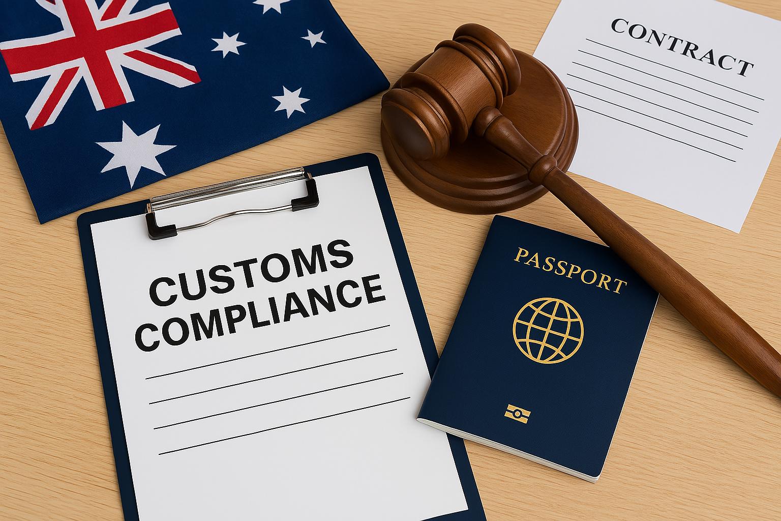 Australian customs compliance concept with legal documents, passport, gavel, and national flag