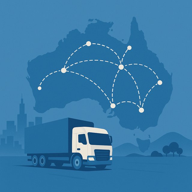 Stylised map of Australia with interconnected distribution routes and a delivery truck in the foreground, symbolising wide coverage across cities and regional areas.