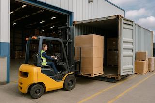 Worker loading freight with forklift at Viking Cargo
