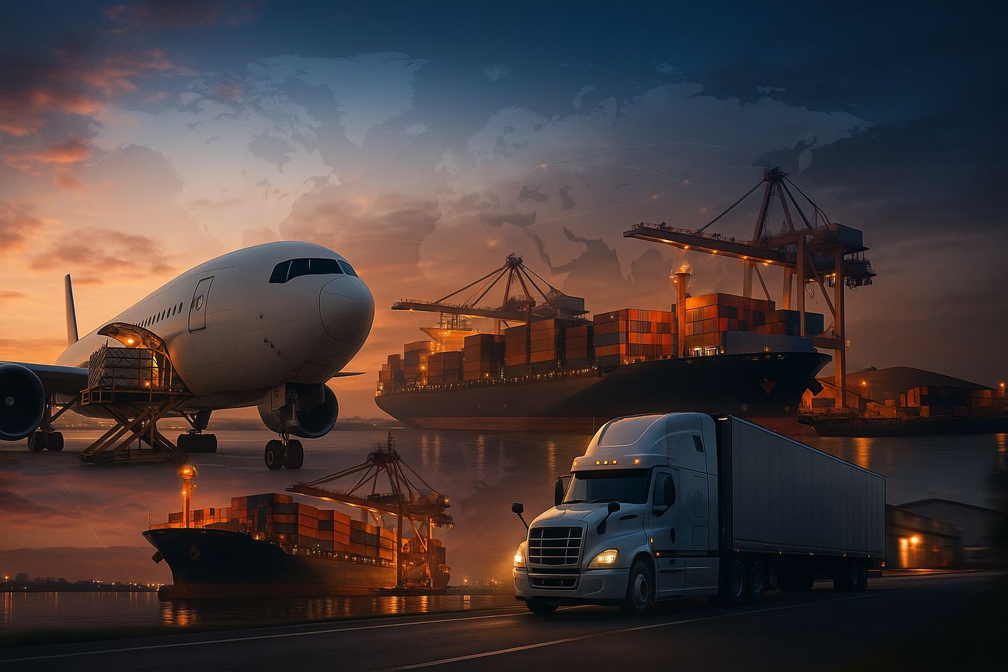 Composite scene of cargo airplane loading, container ship at port, and semi truck on highway – illustrating Viking Cargo’s global logistics services