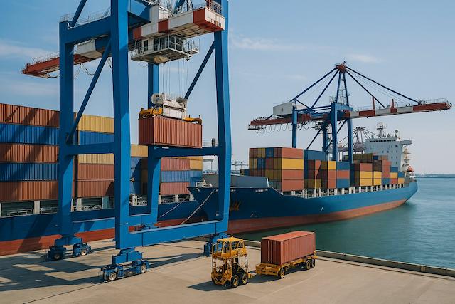 Container ship at port loading cargo