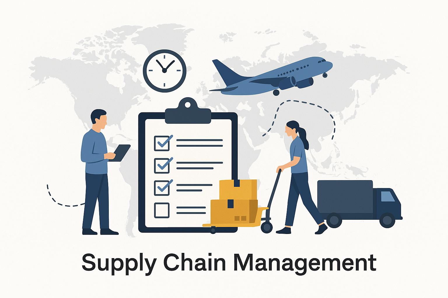 Flat illustration of global supply chain management with checklist, freight, and transport icons
