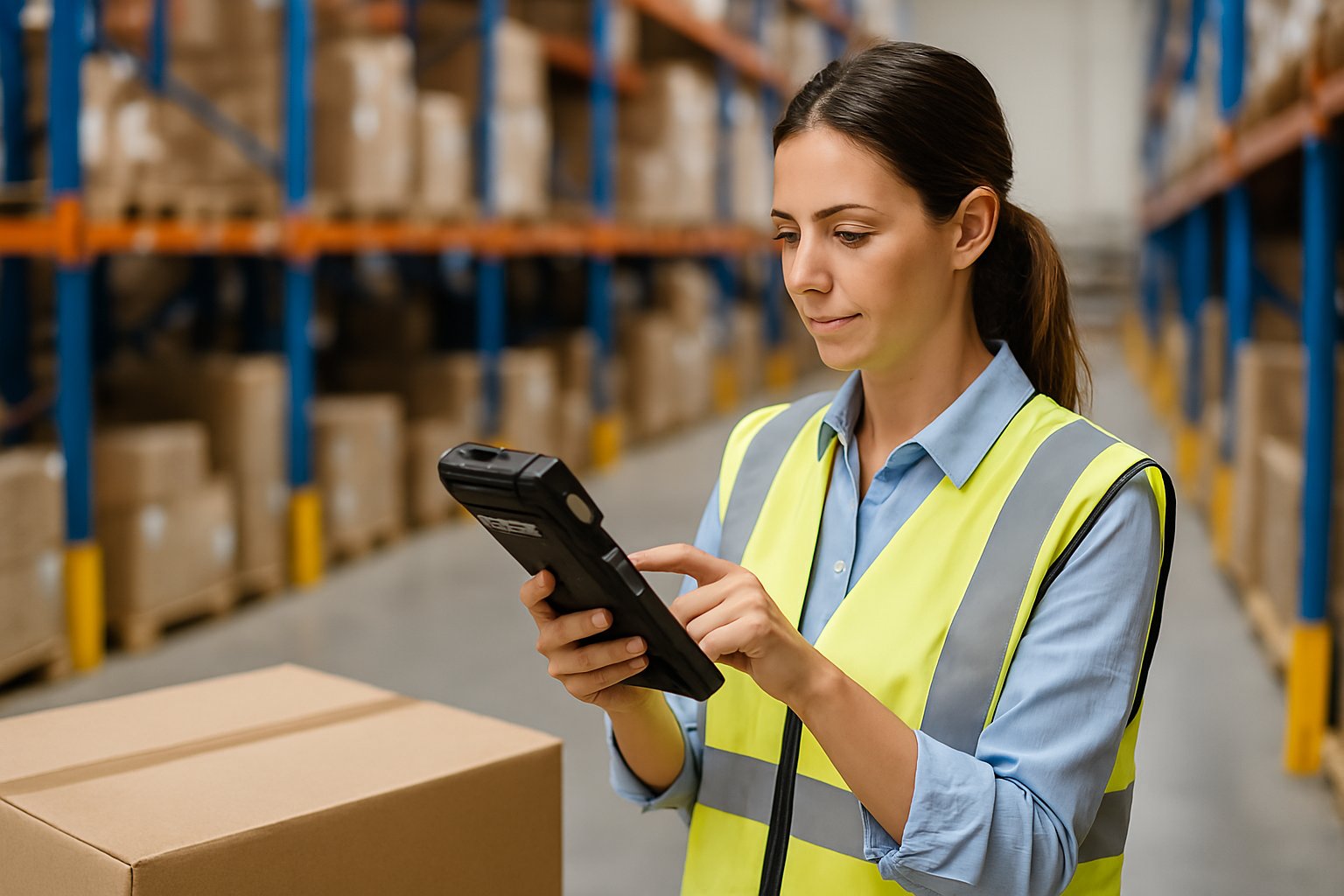 Warehouse worker scanning items using tech system