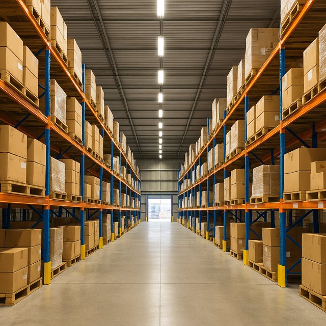 Wide-angle view of warehouse interior with tall pallet racks stacked with cardboard boxes, lit by ceiling-mounted LED lights and a polished concrete floor.