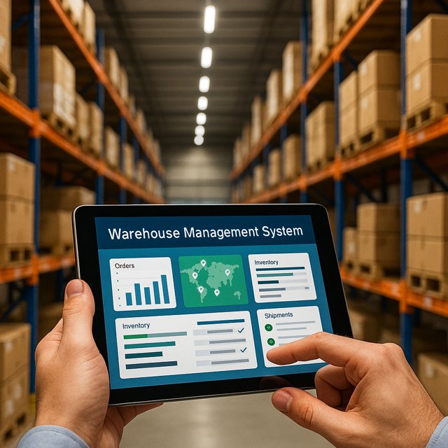 Person holding a tablet showing a warehouse management system dashboard in a warehouse with pallet racking and boxed goods.