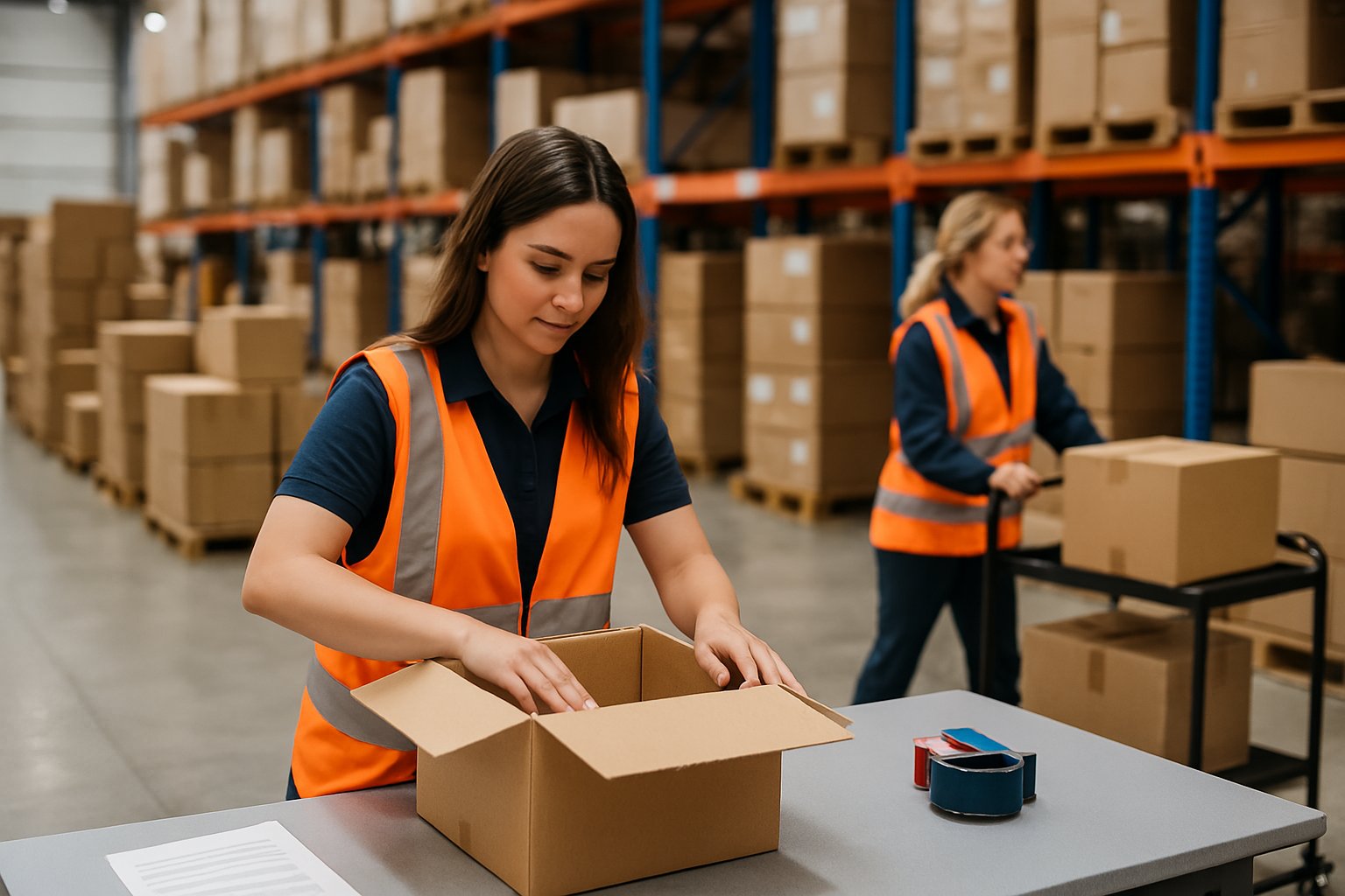 Staff packing orders in logistics fulfilment centre